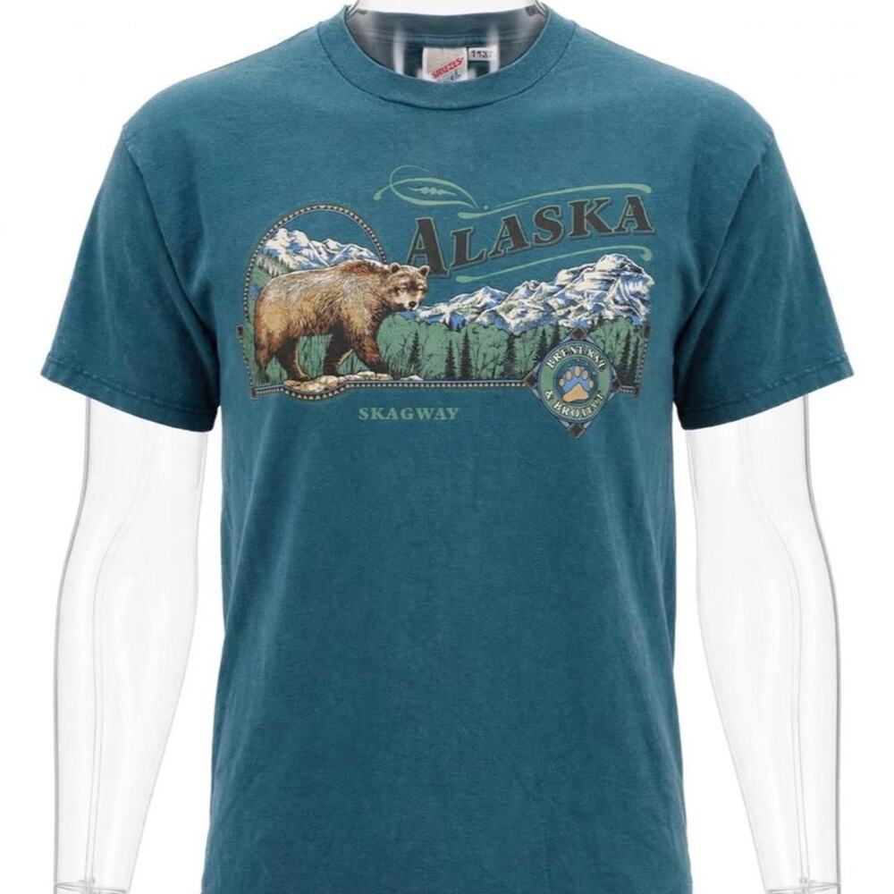 VTG Alaska T-Shirt Men L Teal Skagway Grizzly Bear Mountain Graphic Made in USA